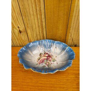 Vintage 12 Inch Porcelain Hand-Painted Fruit Bowl With Blue & Gold Detailing